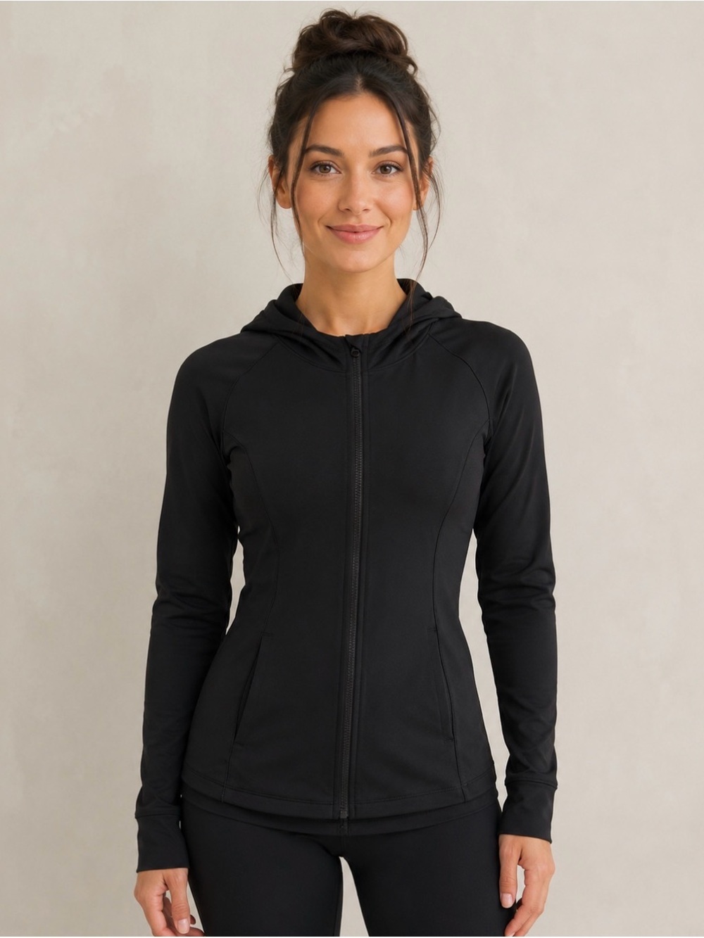 NWT Yogalicious Lux Black Full Zip Hooded Yoga Jacket L Stretch Pockets $88